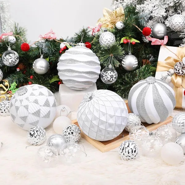6”/150mm Large Christmas Ball Ornaments, 4Pcs Christmas Tree Decor, Shatterproof Hanging Decorations With Hooks, White & Silver Baubles For Xmas Tree, Wedding, Holiday And Party Decor