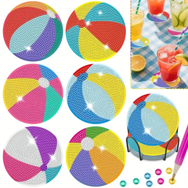 6 Pack Beach Balls Rhinestones Art Painting Coaster Kit Summer Holiday DIY Rhinestones Painting Coasters With Holder Cute Non Slip Coaster Art Supplies For Adults Cup Mat For House Warming Gifts